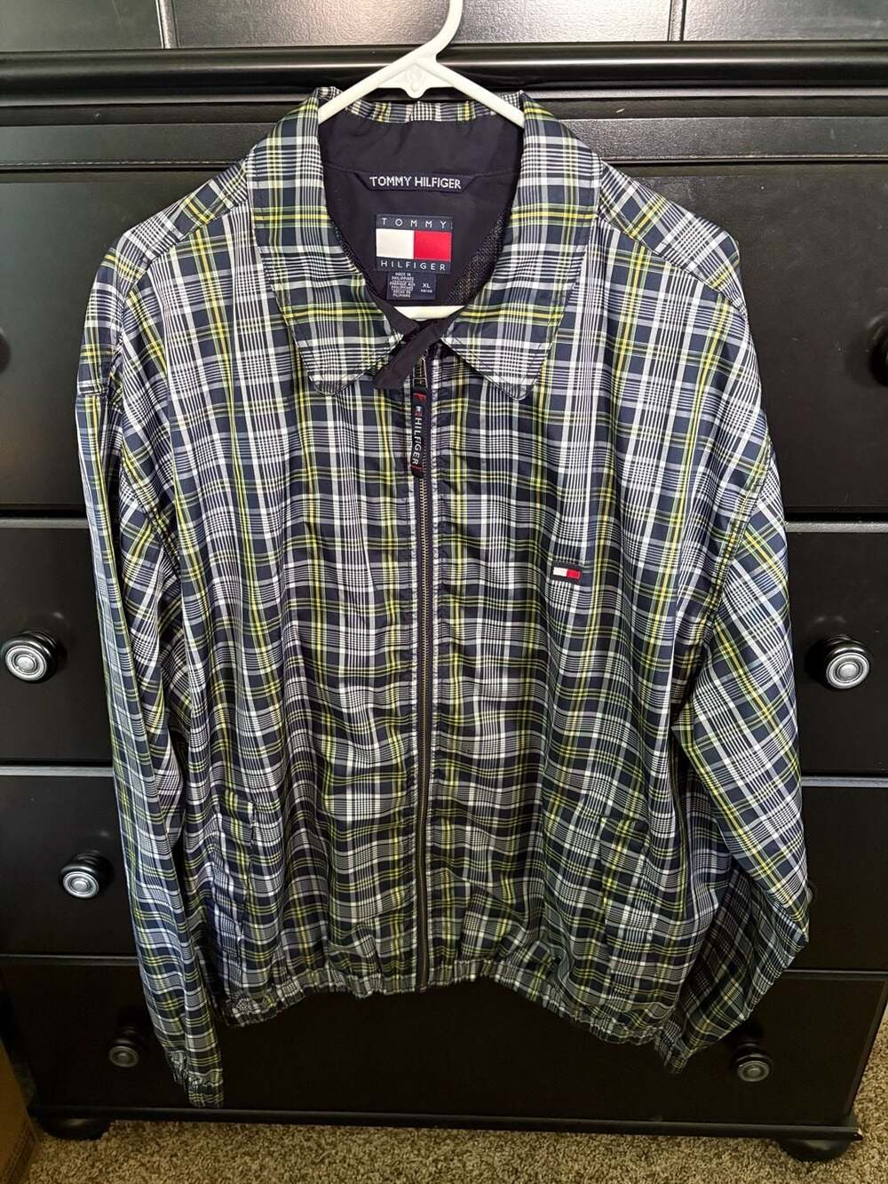 Vtg Tommy Hilfiger Plaid Windbreaker Jacket Coat Men Sz L Golf Blue Flag Logo